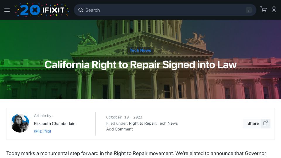 Screenshot of ifixit.com: California Right to Repair Signed into Law