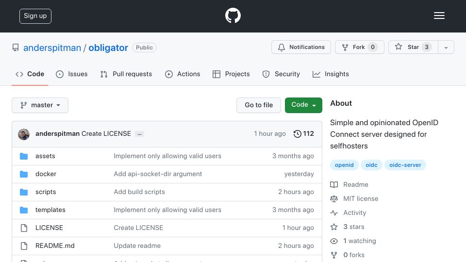 Screenshot of github.com: Show HN: Obligator – An OpenID Connect server for self-hosters