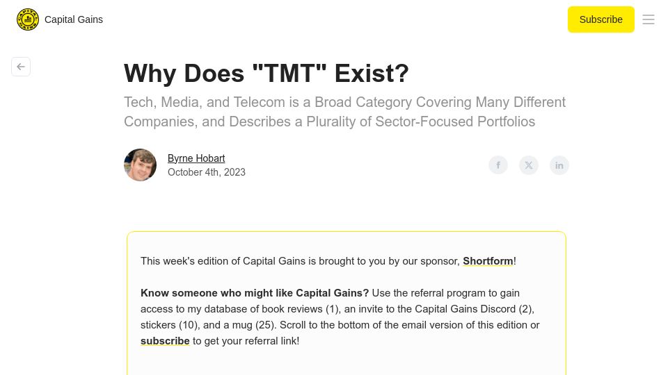 Screenshot of capitalgains.thediff.co: Why is there a "Tech, Media, Telecom" sector?