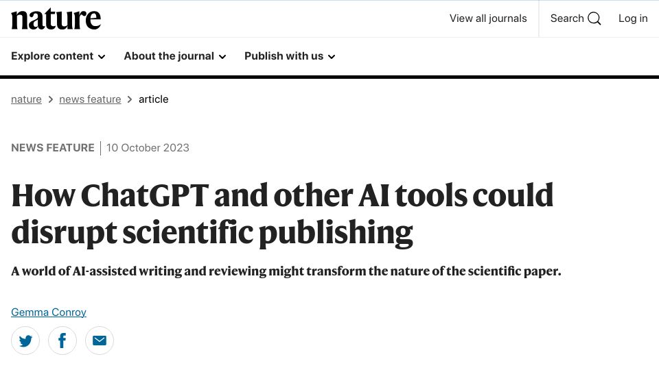 Screenshot of nature.com: ChatGPT and other AI tools could disrupt scientific publishing
