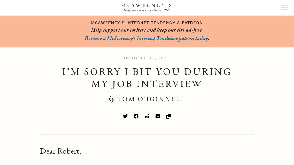 Screenshot of mcsweeneys.net: I'm sorry I bit you during my job interview (2011)