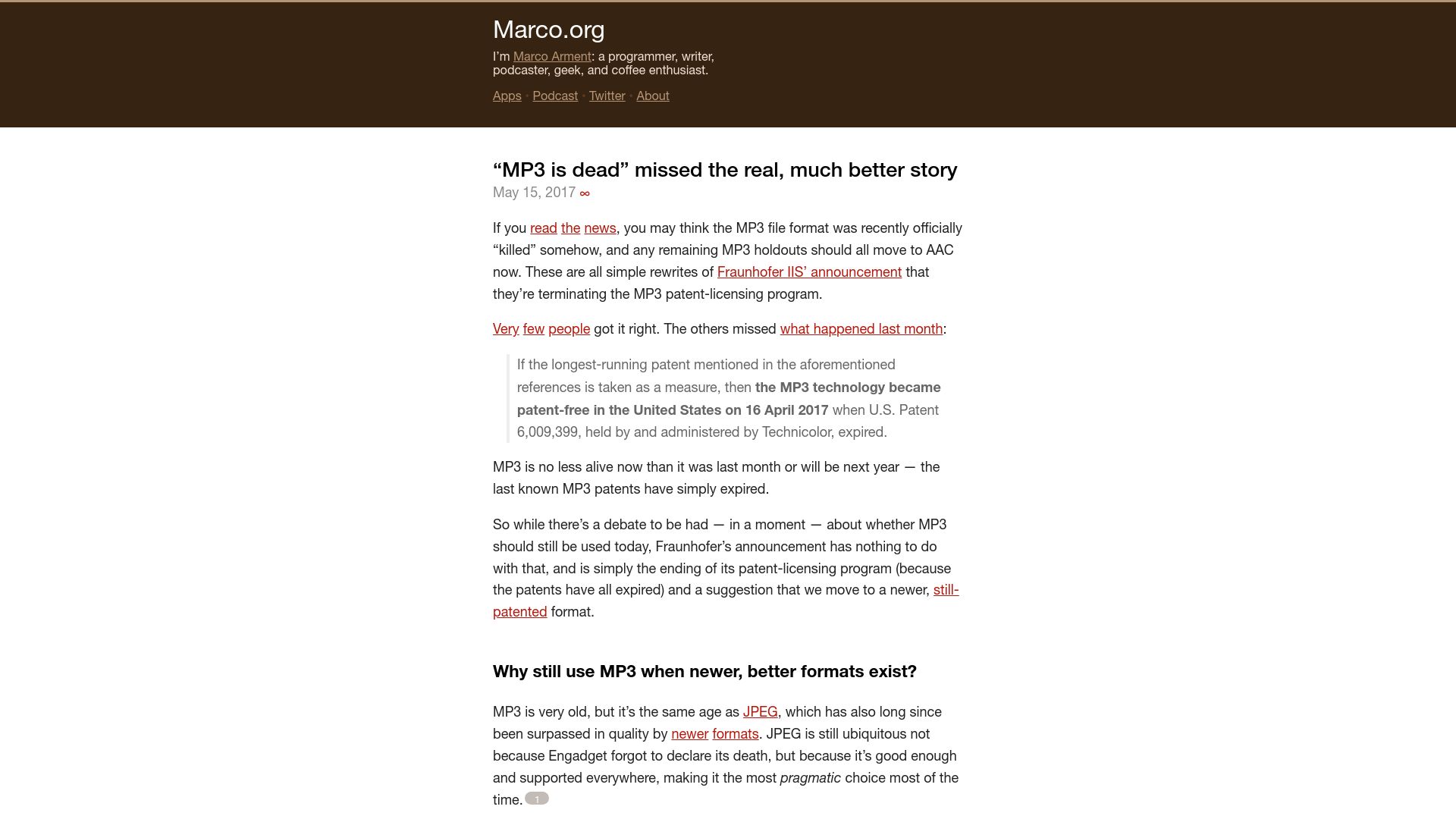 Screenshot of marco.org: "MP3 is dead" missed the real, much better story (2017)