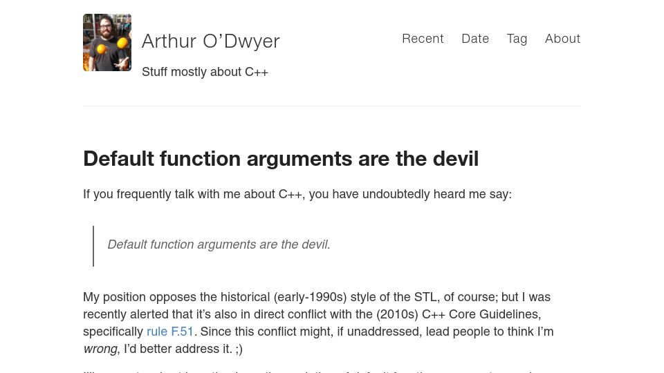 Screenshot of quuxplusone.github.io: Problems with default function arguments (2020)