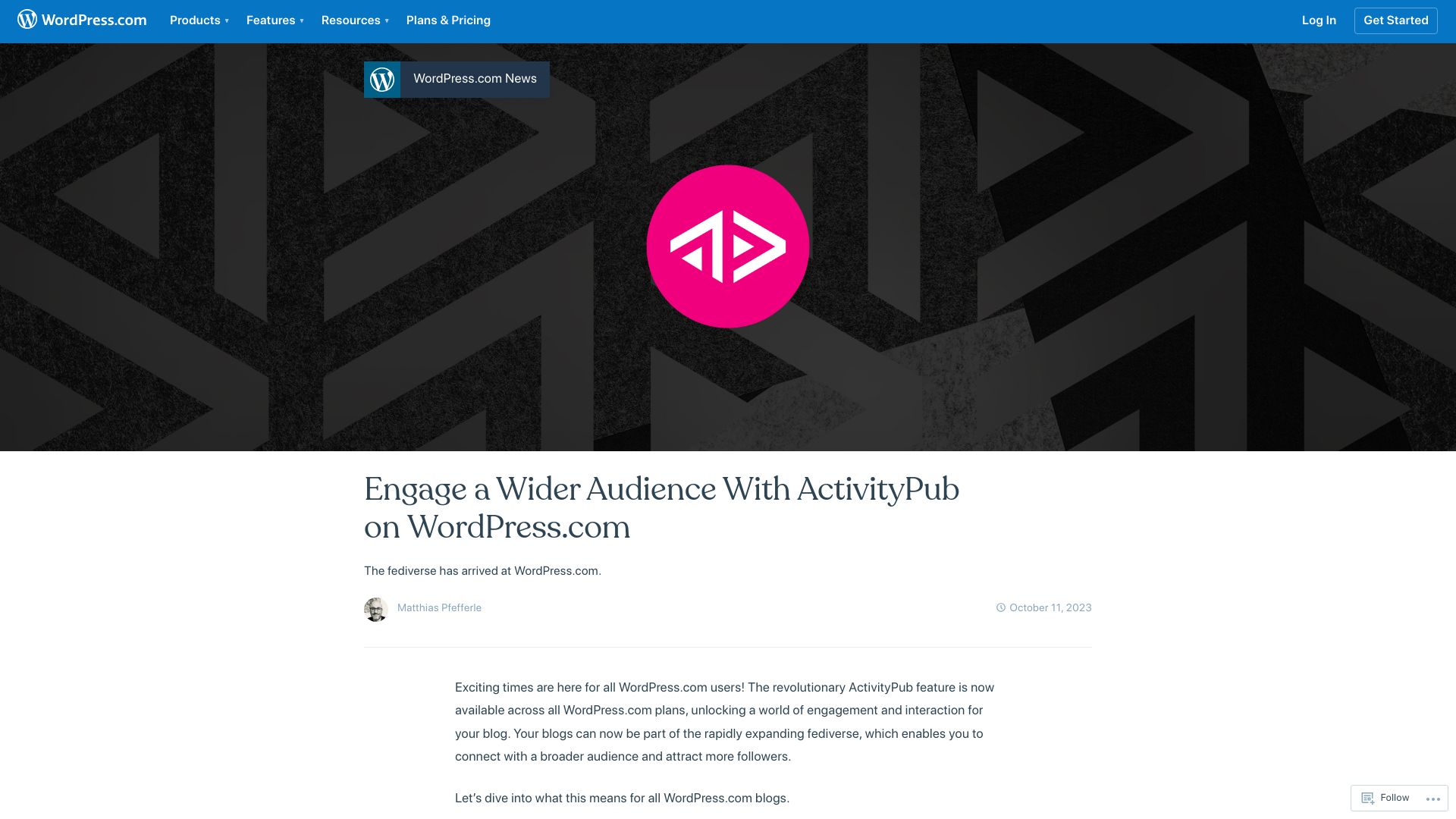 Screenshot of wordpress.com: Wordpress.com Now Supports ActivityPub