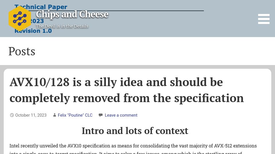 Screenshot of chipsandcheese.com: AVX10/128 is a silly idea