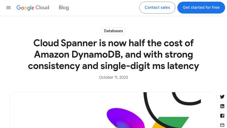 Screenshot of cloud.google.com: Google Cloud Spanner is now half the cost of Amazon DynamoDB