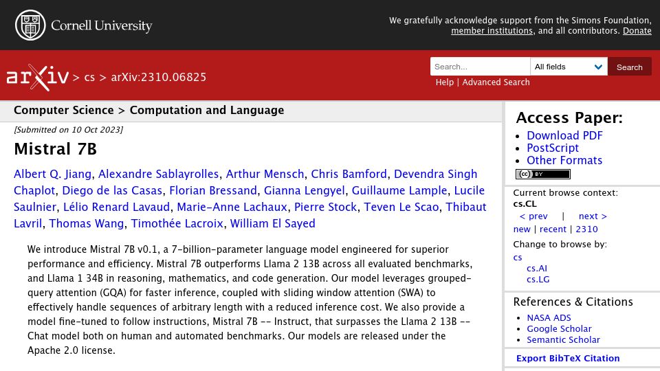 Screenshot of arxiv.org: Mistral 7B