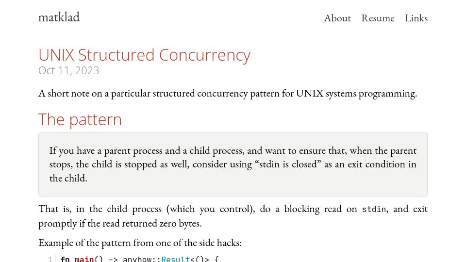 Screenshot of matklad.github.io: Unix Structured Concurrency