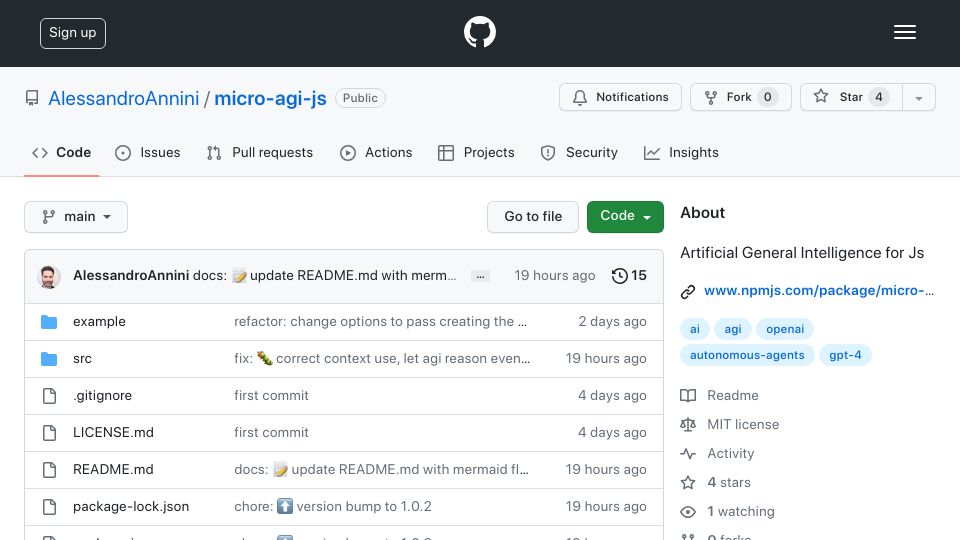 Screenshot of github.com: Micro-AGI-JS Artificial General Intelligence for JavaScript