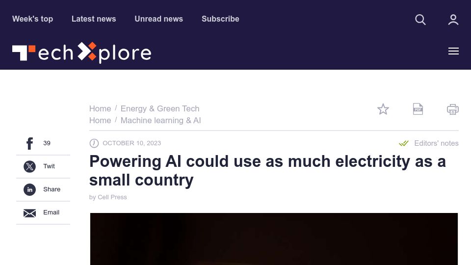 Screenshot of techxplore.com: Powering AI could use as much electricity as a small country