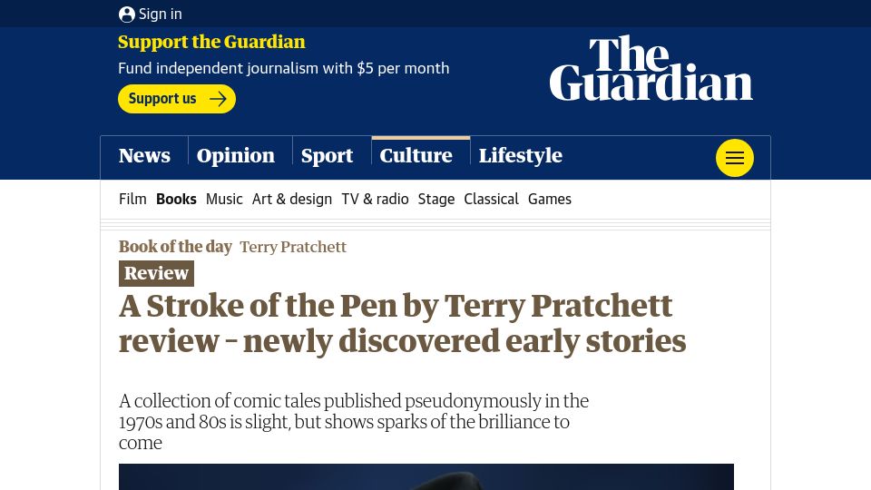 Screenshot of theguardian.com: Newly discovered Terry Pratchett stories published