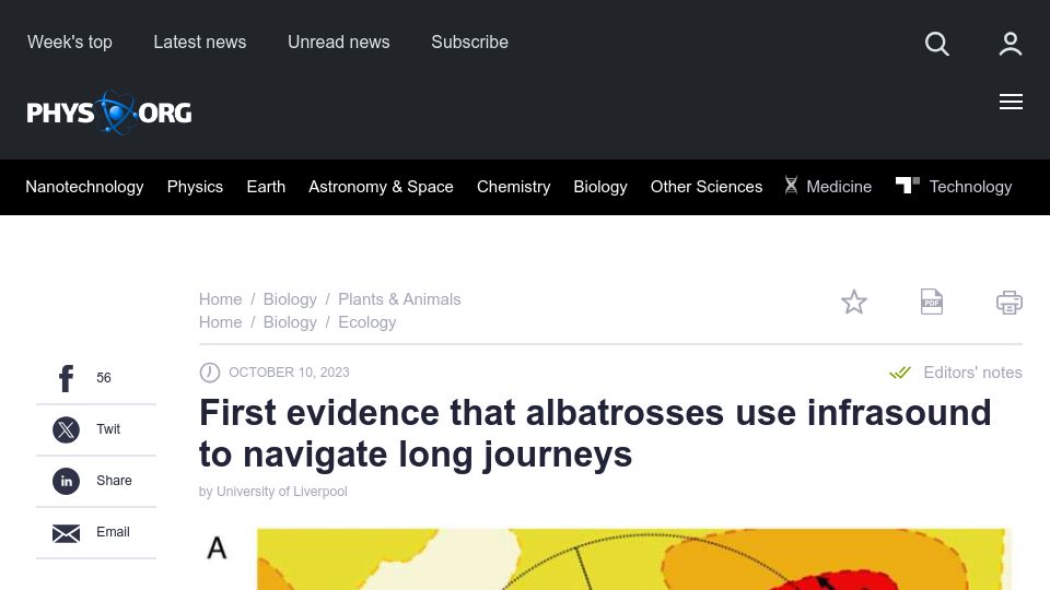 Screenshot of phys.org: Evidence that albatrosses use infrasound to navigate long journeys