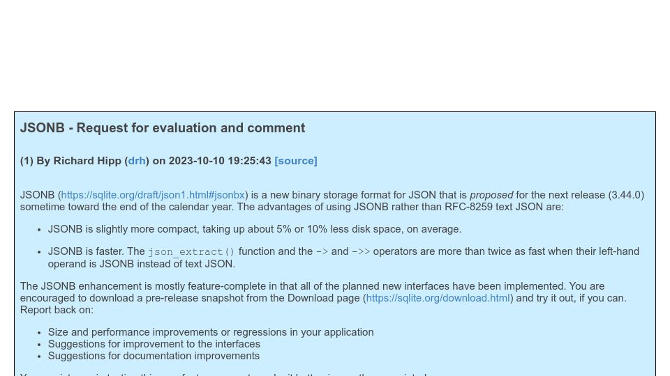 Screenshot of sqlite.org: JSONB – Request for evaluation and comment