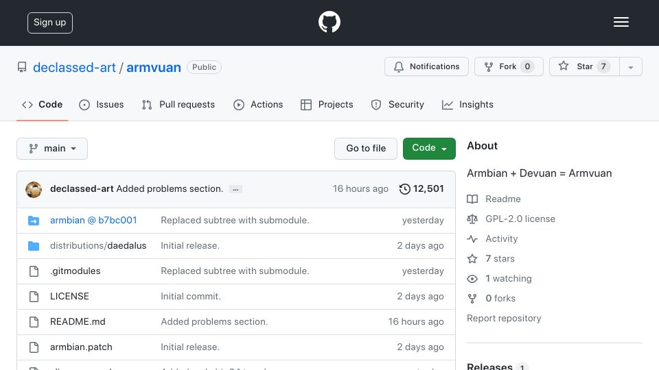 Screenshot of github.com: Armbian and Devuan = Armvuan