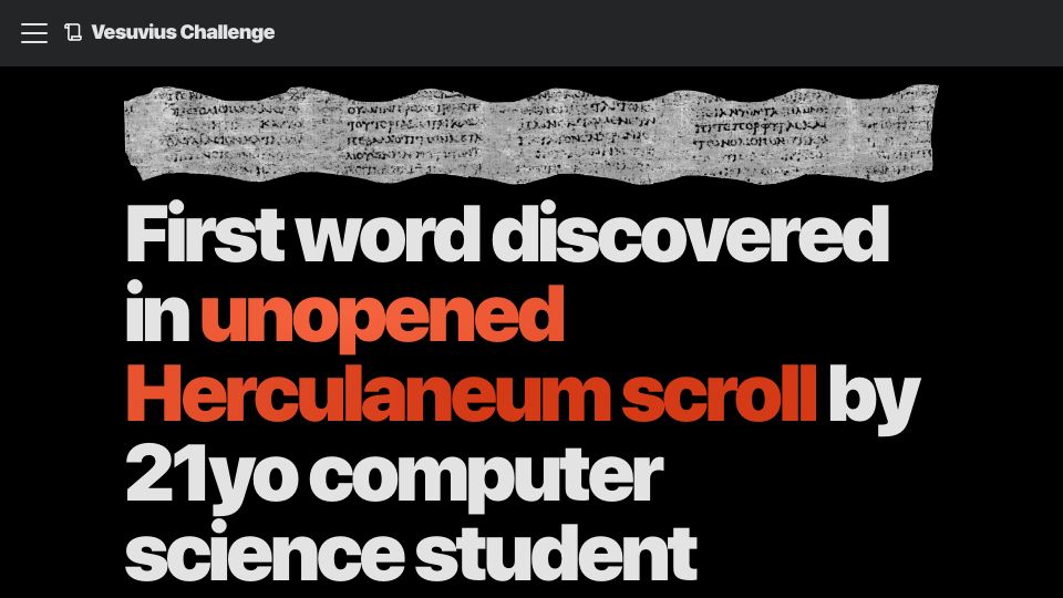Screenshot of scrollprize.org: First word discovered in unopened Herculaneum scroll by CS student