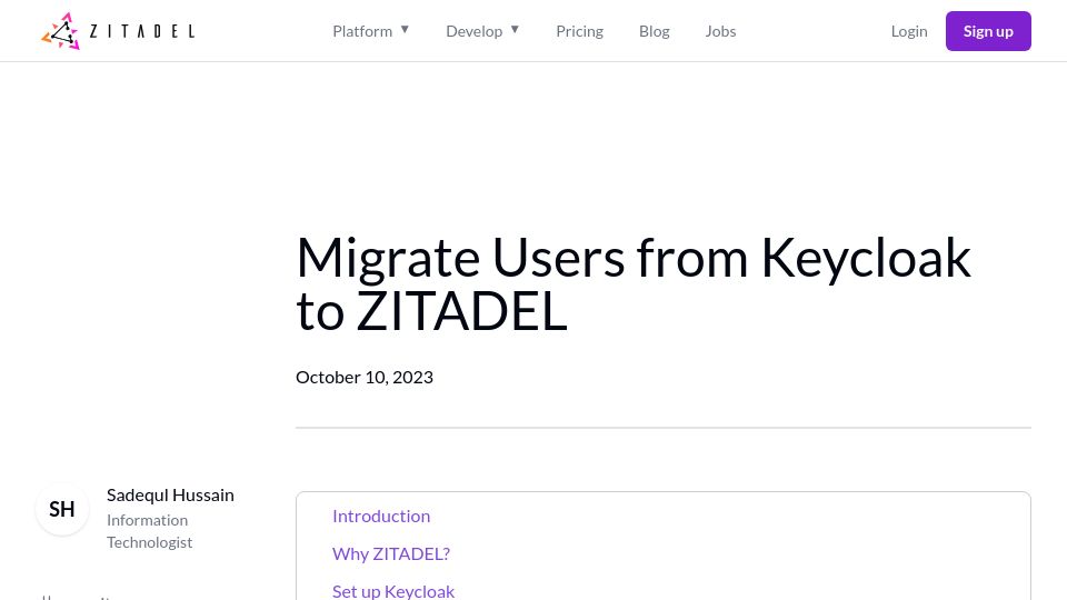 Screenshot of zitadel.com: Migrate Users from Keycloak to Zitadel