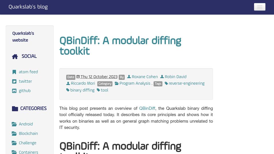 Screenshot of blog.quarkslab.com: QBinDiff: A Modular Diffing Toolkit