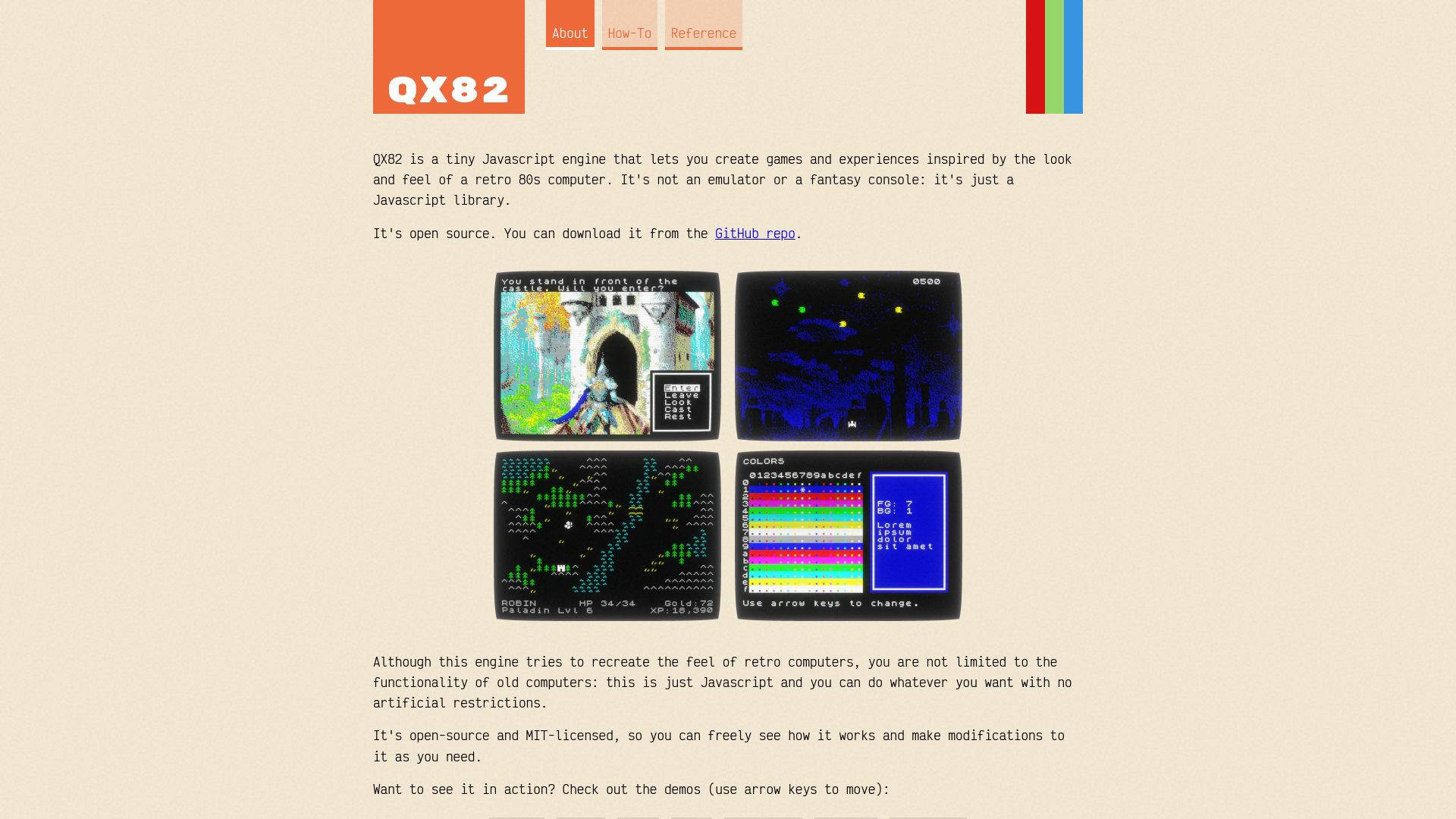 Screenshot of btco.github.io: QX82: Tiny JavaScript game/experience engine inspired by retro 80s computing