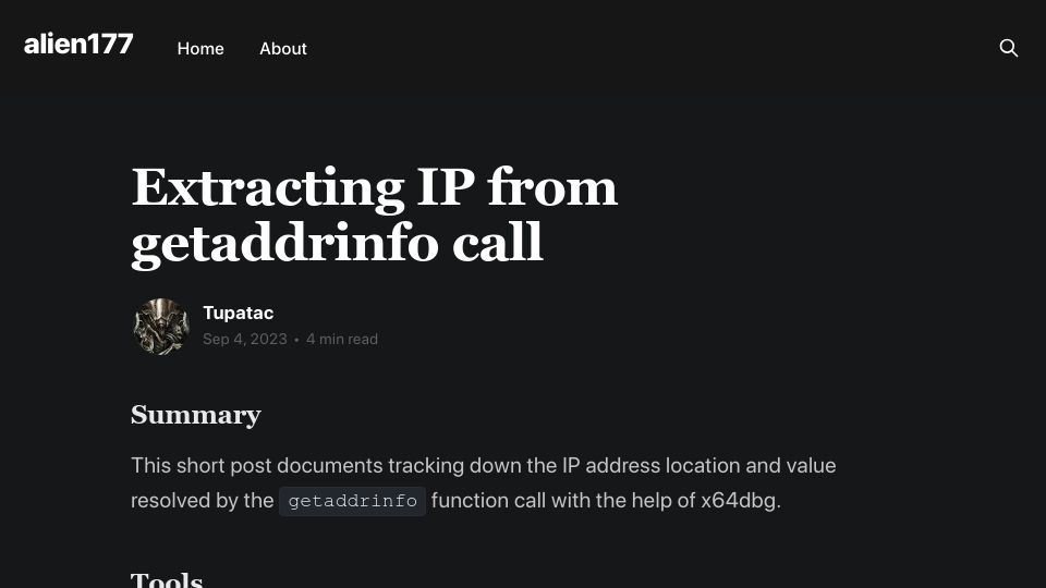 Screenshot of blog.alien177.ca: Extracting IP from getaddrinfo call