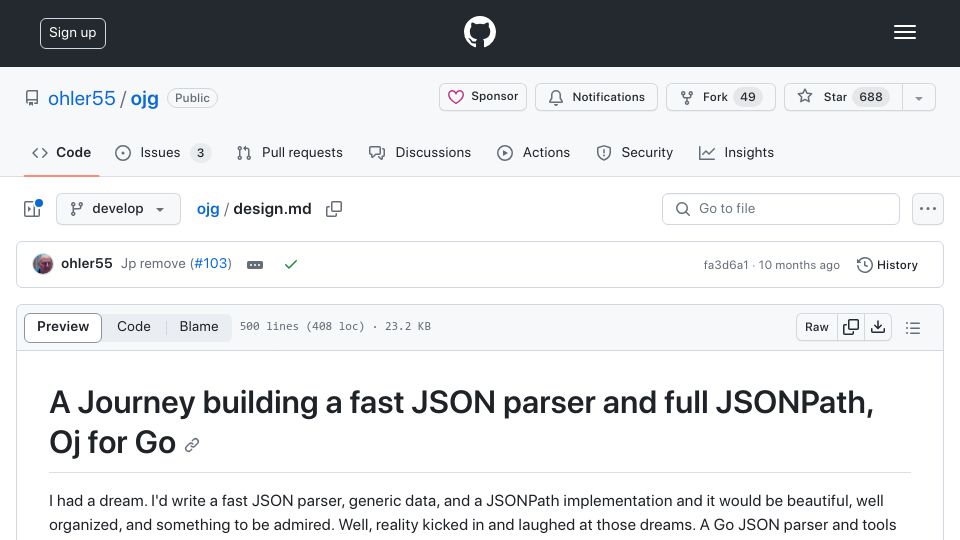 Screenshot of github.com: A Journey building a fast JSON parser and full JSONPath