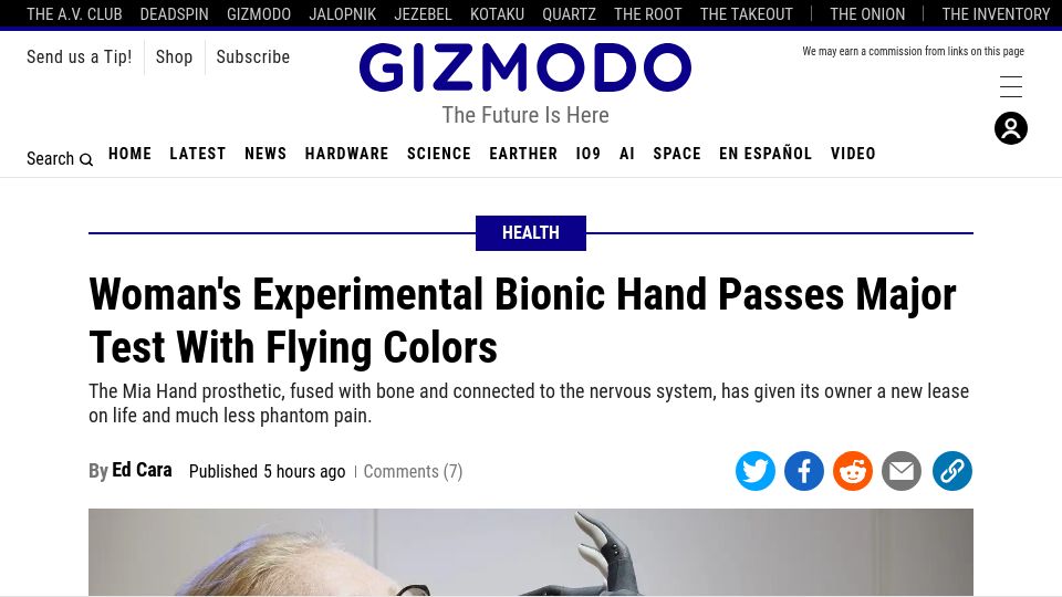 Screenshot of gizmodo.com: Woman's experimental bionic hand passes major test