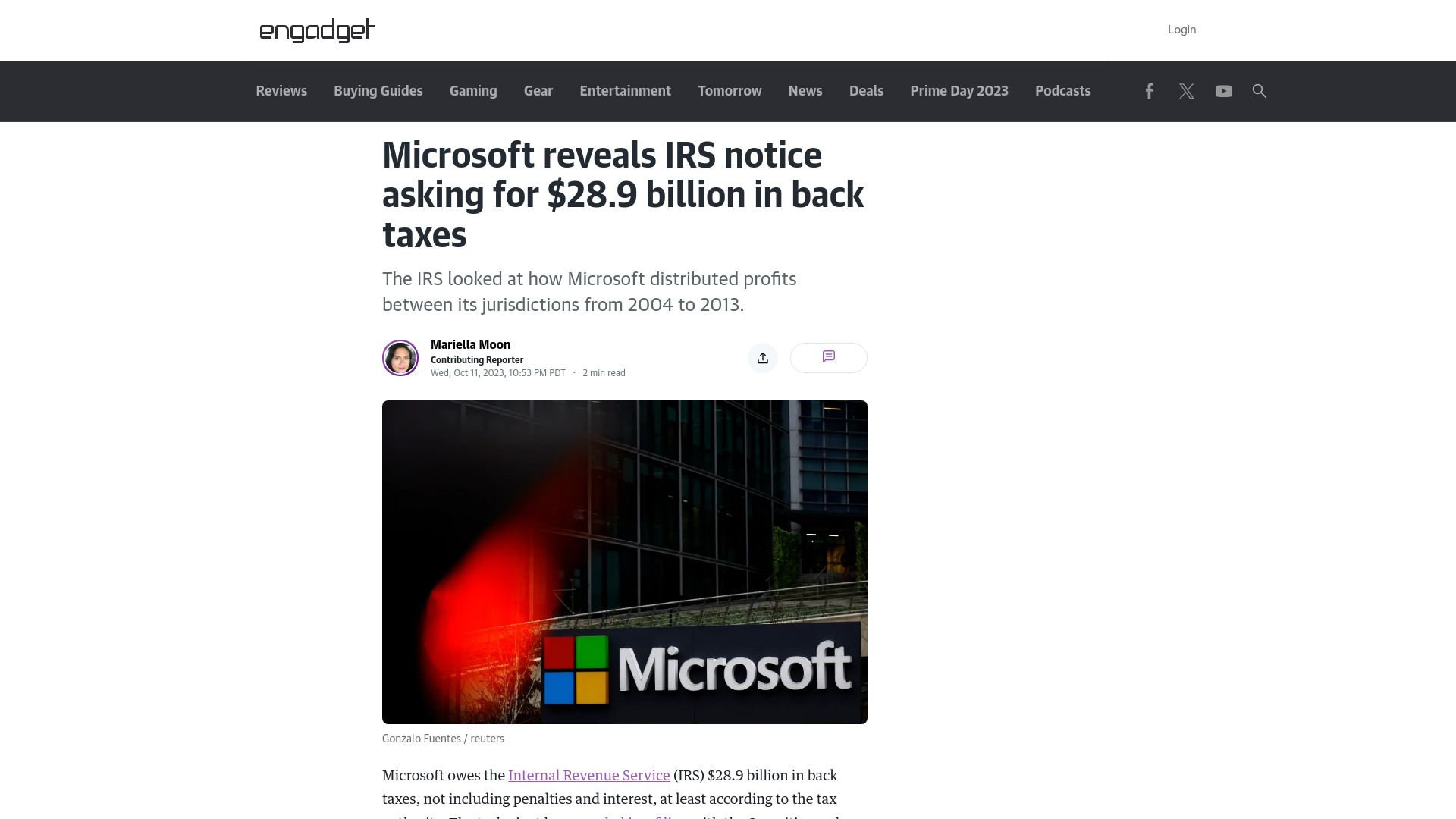 Screenshot of engadget.com: Microsoft reveals IRS notice asking for $28.9B in back taxes