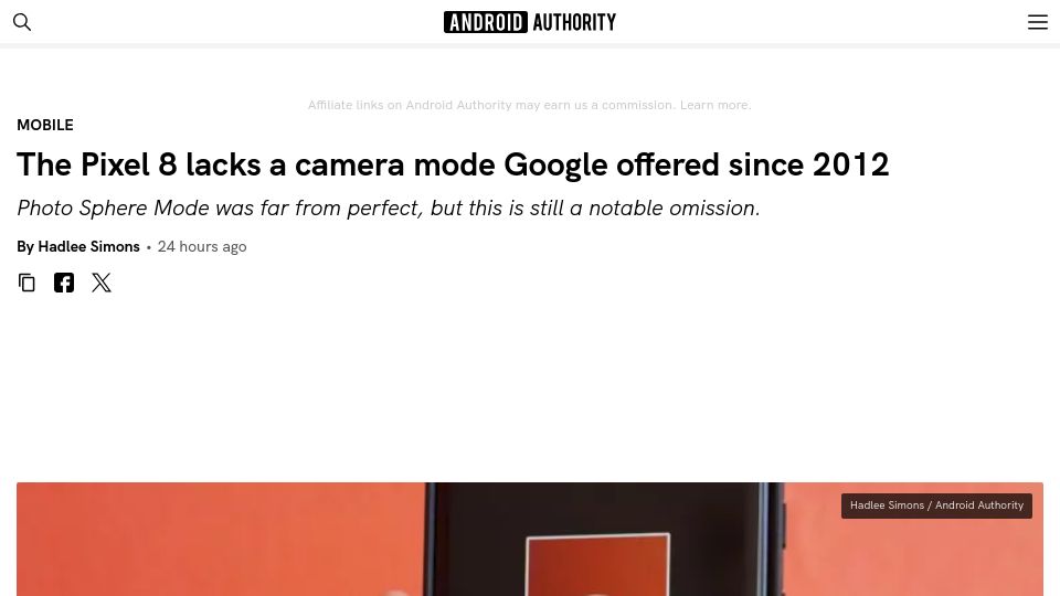 Screenshot of androidauthority.com: Google Removes the Photo Sphere Mode from the Pixel 8 Camera