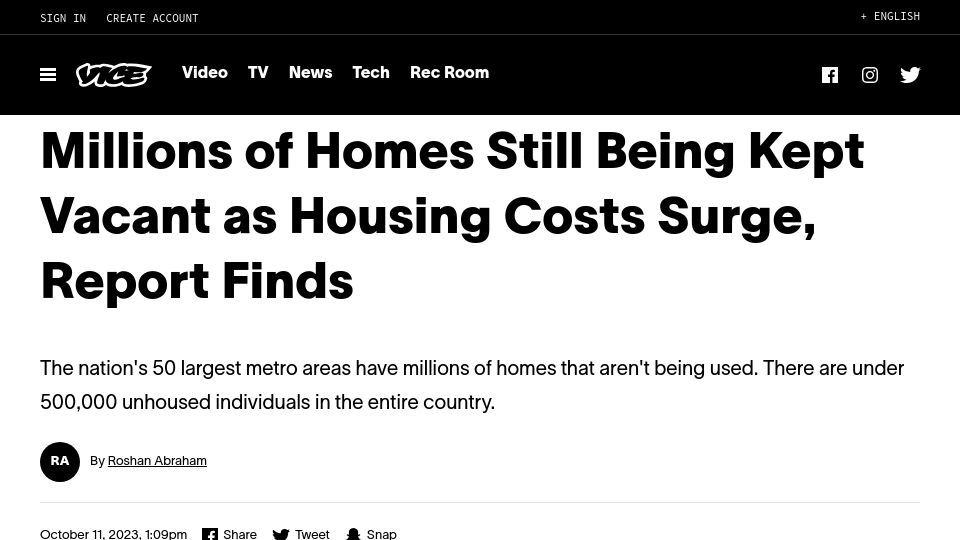Screenshot of vice.com: Millions of Homes Still Being Kept Vacant as Housing Costs Surge, Report Finds