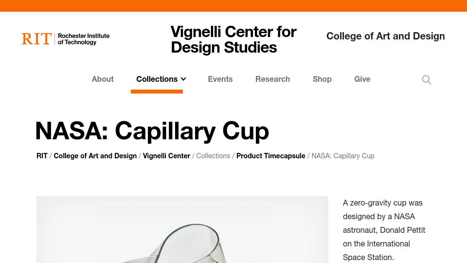 Screenshot of rit.edu: NASA: Capillary Cup