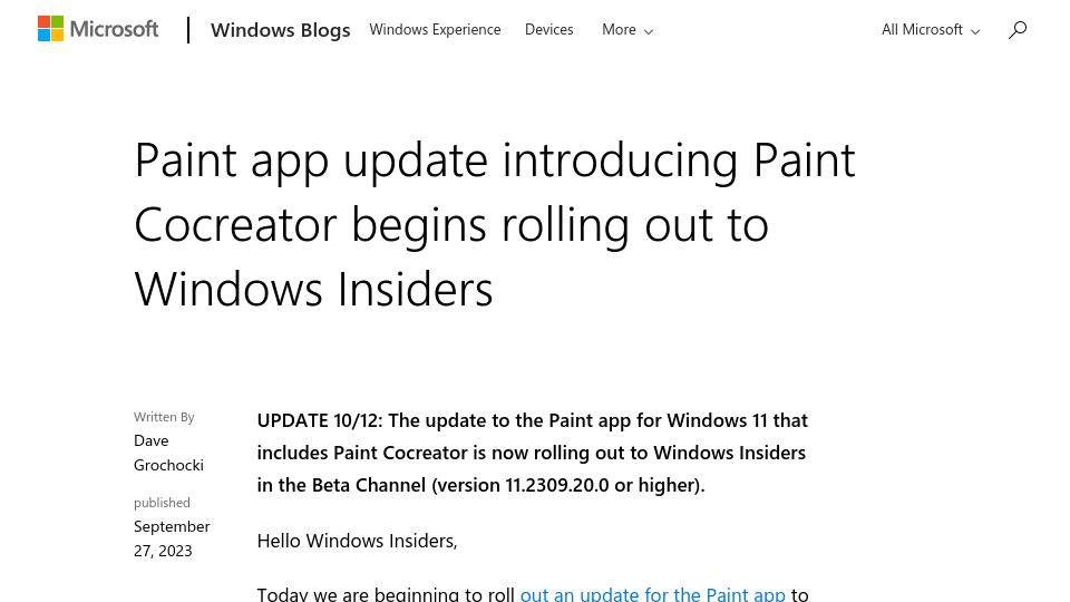 Screenshot of blogs.windows.com: MS Paint Cocreator, a new AI-powered experience powered by DALL-E