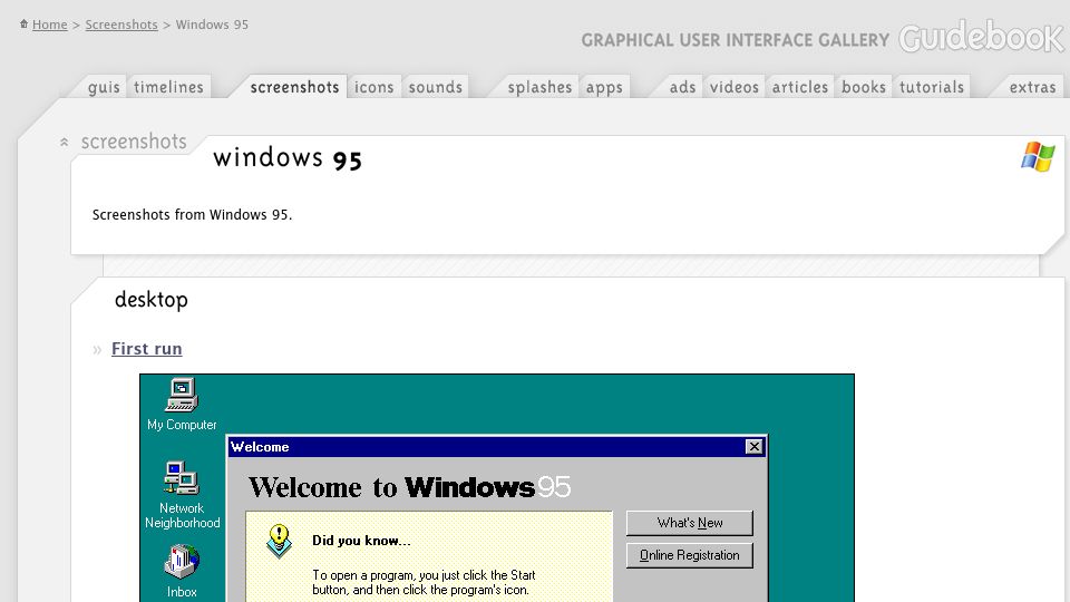 Screenshot of guidebookgallery.org: Screenshots from Windows 95