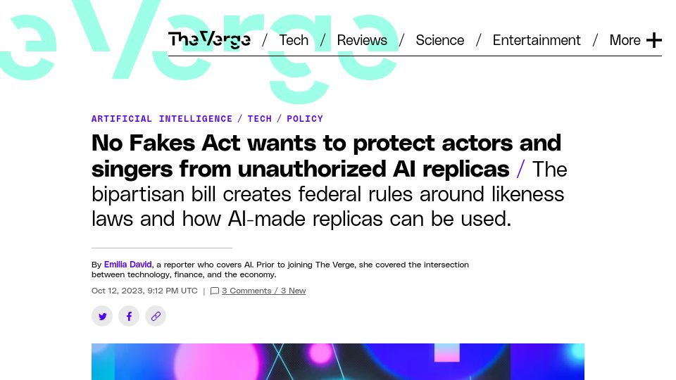 Screenshot of theverge.com: No Fakes Act wants to protect actors and singers from unauthorized AI replicas