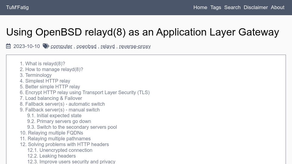 Screenshot of tumfatig.net: Using OpenBSD Relayd(8) as an Application Layer Gateway