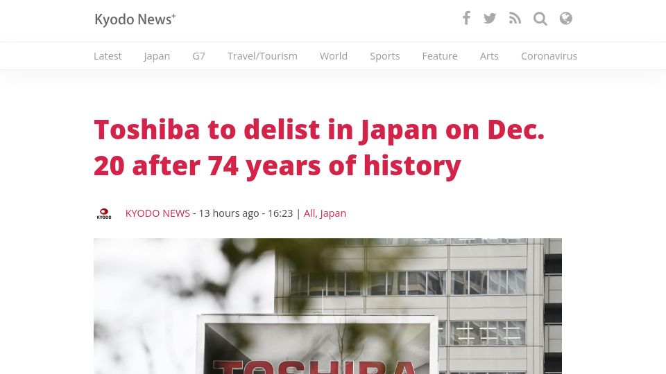 Screenshot of english.kyodonews.net: Toshiba to delist from Japanese stock exchange