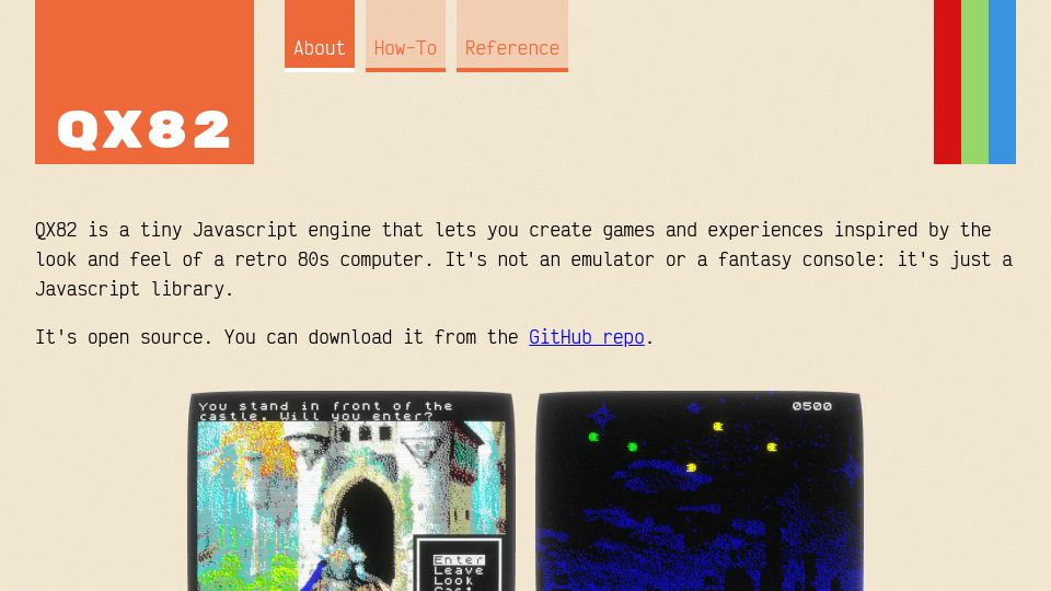 Screenshot of btco.github.io: QX82: Tiny JavaScript game/experience engine inspired by retro 80s computing