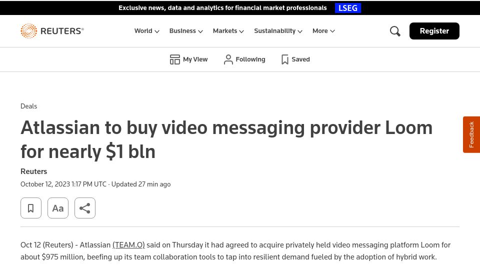 Screenshot of reuters.com: Atlassian to buy Loom for nearly $1B