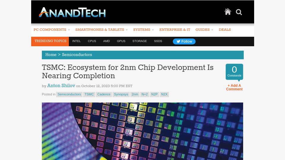 Screenshot of anandtech.com: TSMC: Ecosystem for 2nm Chip Development Is Nearing Completion