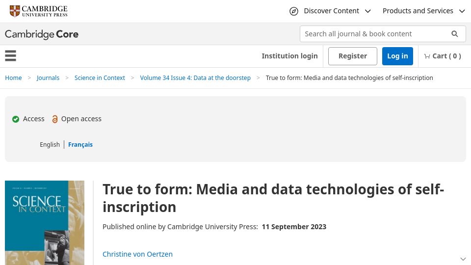 Screenshot of cambridge.org: True to form: Media and data technologies of self-inscription
