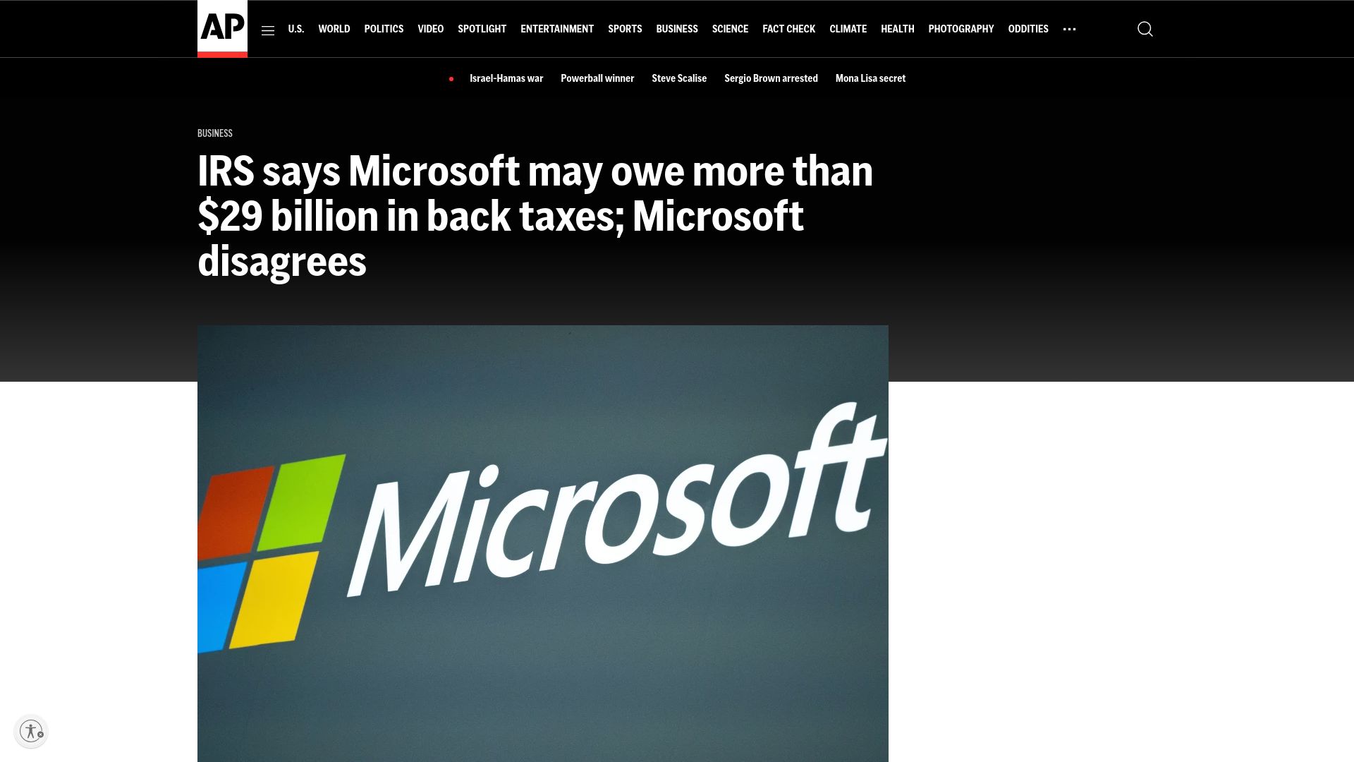 Screenshot of apnews.com: IRS says Microsoft may owe more than $29B in back taxes; MSFT disagrees