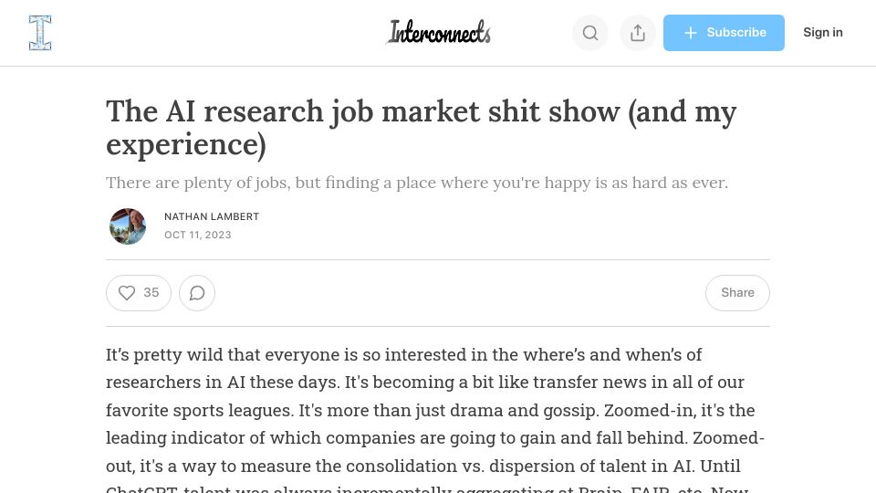 Screenshot of interconnects.ai: The AI research job market