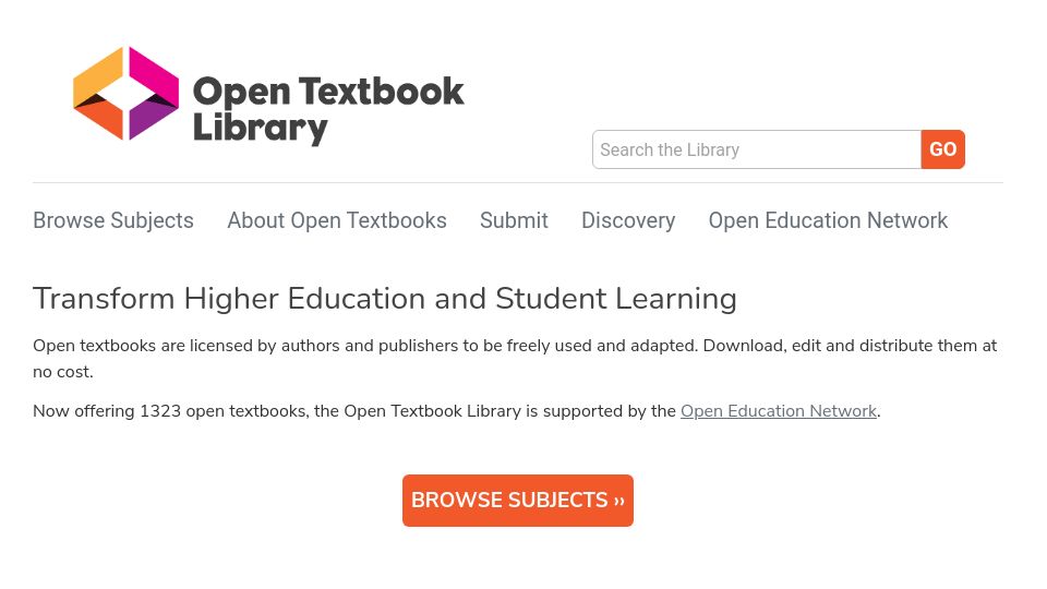 Screenshot of open.umn.edu: Open Textbook Library – Textbooks that may be freely downloaded and distributed