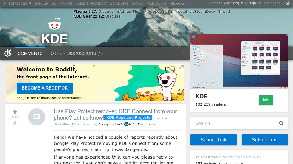 Screenshot of old.reddit.com: Has Play Protect removed KDE Connect from your phone? Let us know