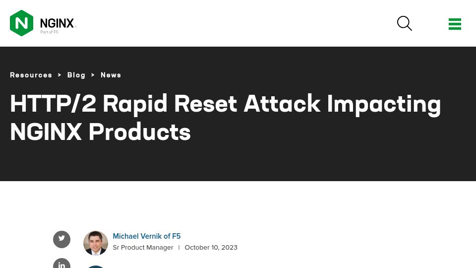 Screenshot of nginx.com: HTTP/2 rapid reset attack impacting Nginx products