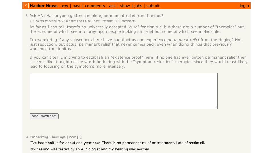 Screenshot of Hacker News post: Ask HN: Has anyone gotten complete, permanent relief from tinnitus?