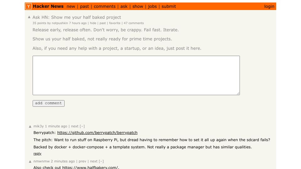 Screenshot of Hacker News post: Ask HN: Show me your half baked project