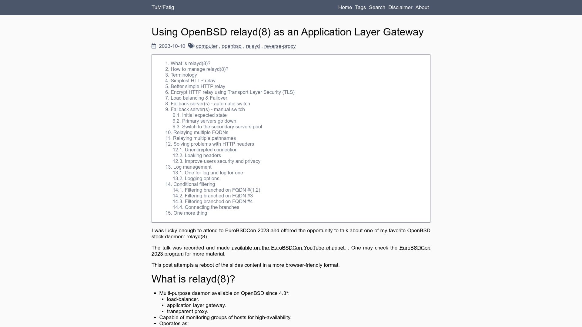 Screenshot of tumfatig.net: Using OpenBSD Relayd(8) as an Application Layer Gateway