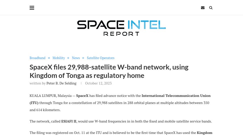Screenshot of spaceintelreport.com: SpaceX files for new 29,988-satellite W-band network