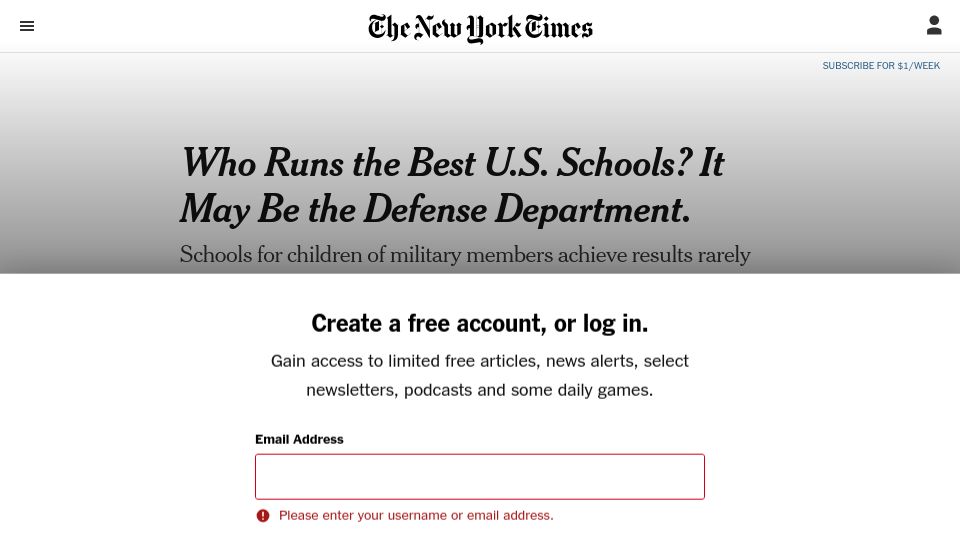 Screenshot of nytimes.com: Schools for children of military achieve results rarely seen in public education