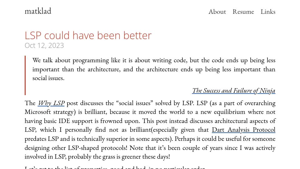 Screenshot of matklad.github.io: How LSP could have been better