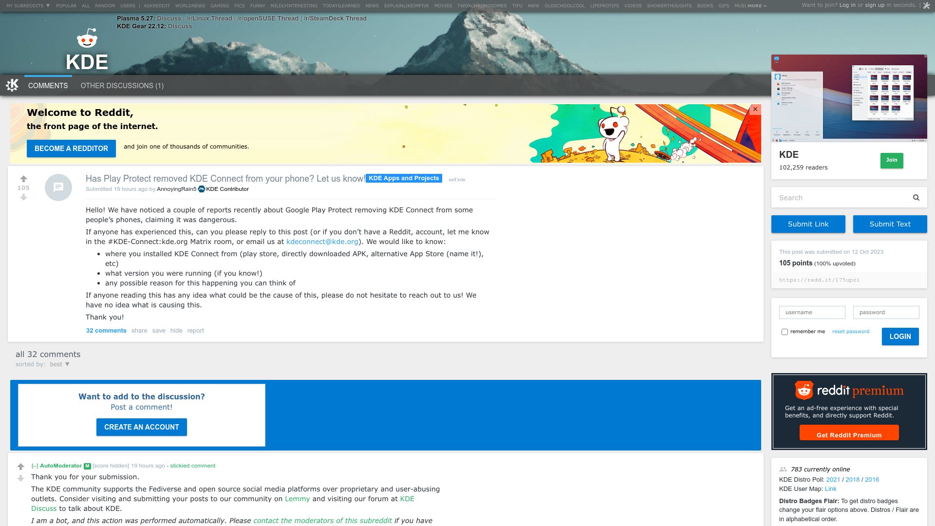 Screenshot of old.reddit.com: Has Play Protect removed KDE Connect from your phone? Let us know